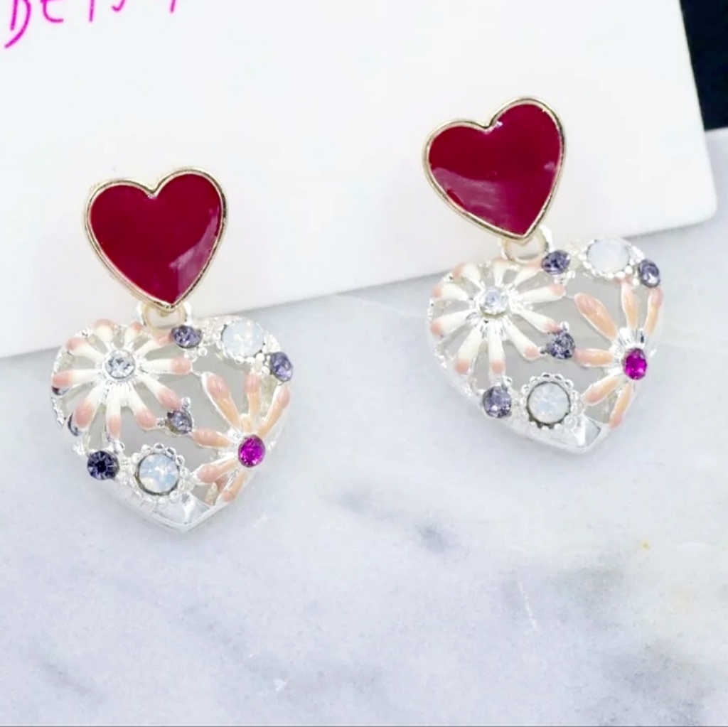 Gold Plated Red Heart Drop Crystal Flower Earrings With Silver Post